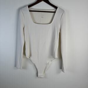 A New Day Ribbed Square Neck Long Sleeve Bodysuit Cream Off White Size Large